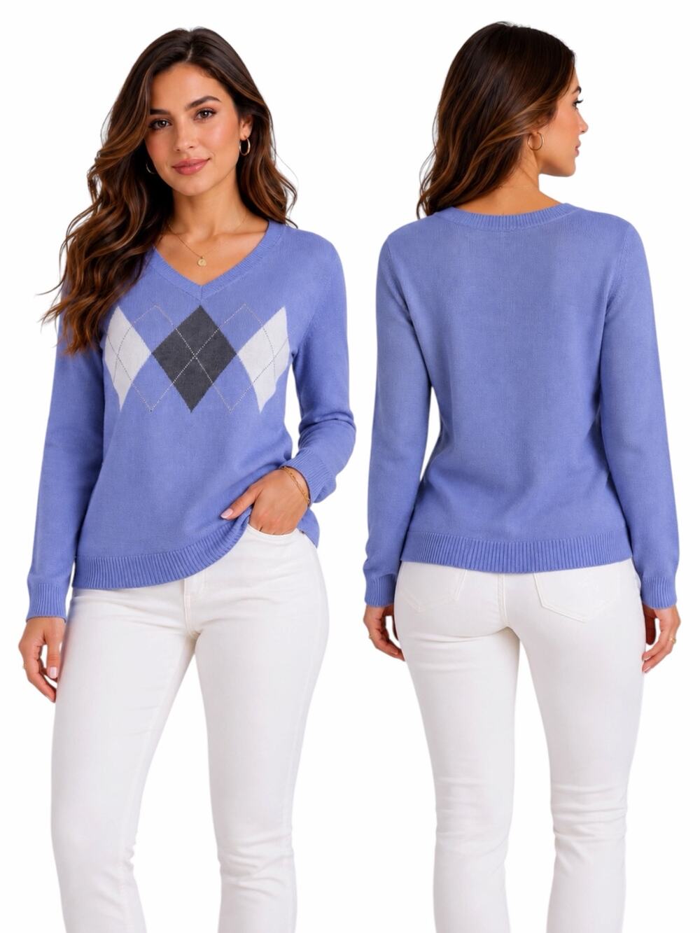 New York & Company Argyle V Neck Pullover Sweater Purple Size XS